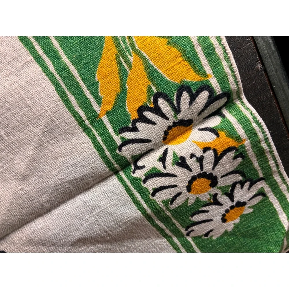 Unbranded Tea Towel Unisex OS Green Excellent Vintage Daisy Floral Print Linen